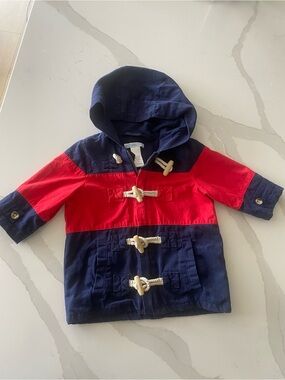 Janie and Jack Navy/Red Colorblock Hooded Toggle Duffle Spring Coat 6-12 Months